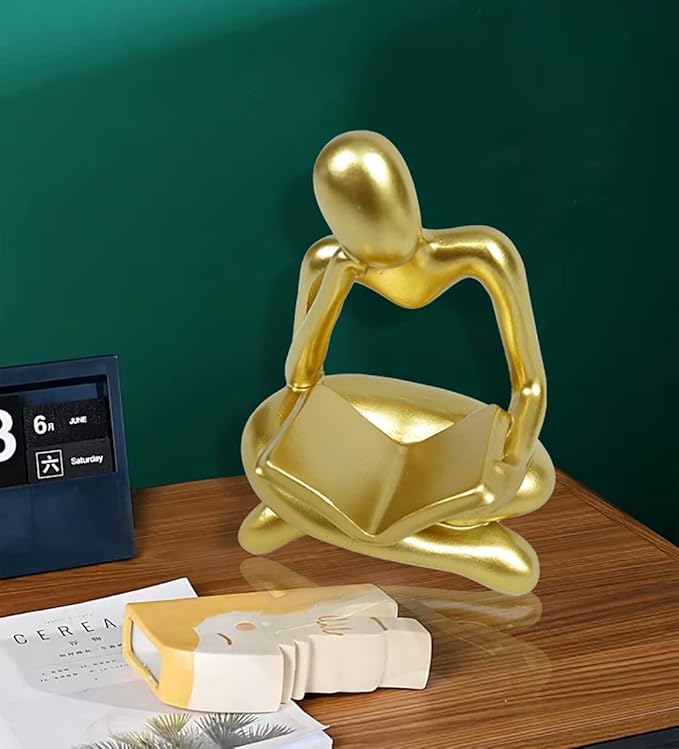 Gold Decor Thinker Statue Reading Women Figurine Abstract Art Sculpture Home Decor Modern Gold Decor Accents Golden Thinker Figurines for Living Room Shelves Bookshelf Office Shelf Desktop