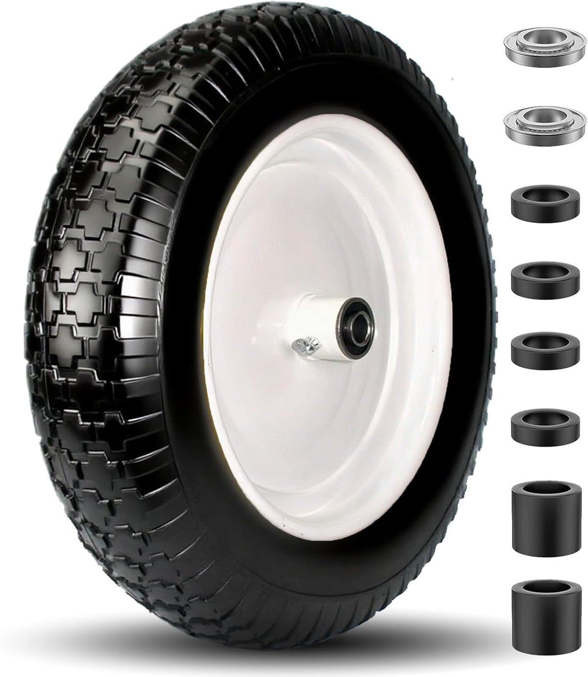 4.80/4.00-8 Tire, 14.5" Tire and Wheel Flat Free, 5/8" Bore Bearing with 3/4" Extra Bearings, 3" Centered Hub - Universal for 4.80-8 4.00-8 4.00-6 3.50/3.00-8 Wheelbarrow Tires