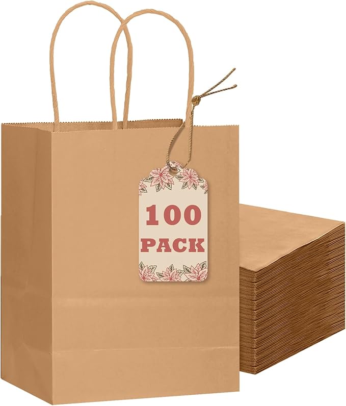 qiqee 100-Packs Brown Paper Gift Bags with Handles Bulk 8.26"×6"×3.15" Small Size Gift Bags Multiple Uses