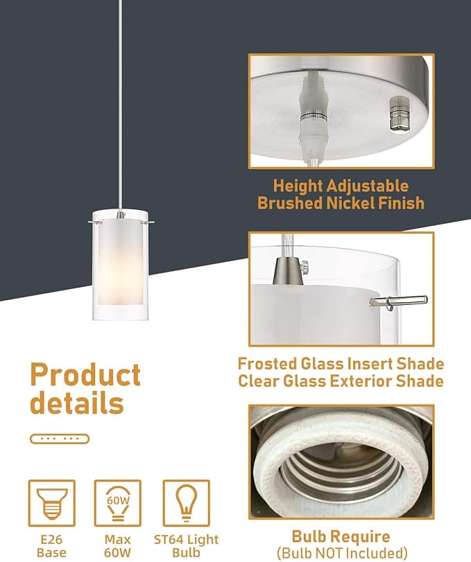 3-Light Pendant Light, Indoor Glass Hanging Light Fixture, Adjustable Height, Brushed Nickel Finish for Kitchen Dining Room