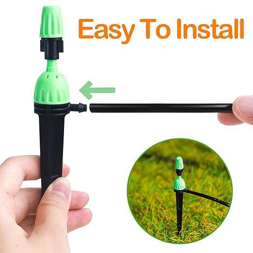 Drip Irrigation Emitters for 1/4" Irrigation Tubing, 25 Pack Integrated Drip Irrigation Stream Emitters & Adjustable Atomizing Nozzles with Stake Adjustable 360 Degree Water Flow Sprayer