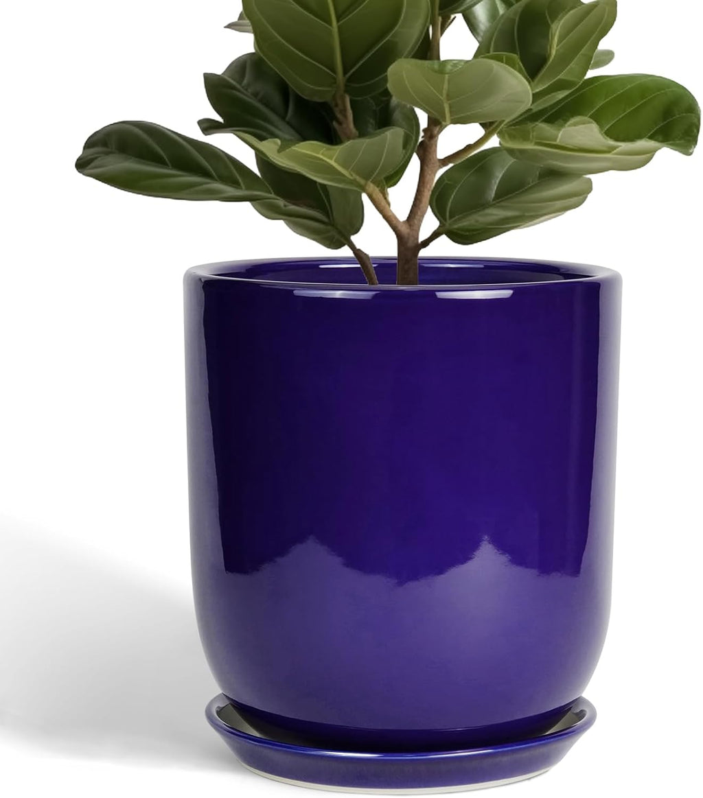 10 Inch Plant Pot - Ceramic Pot for Indoor Plants Large Planter Modern Outdoor Flower Pot with Drainage Hole and Saucer for Home Patio Decor Blue