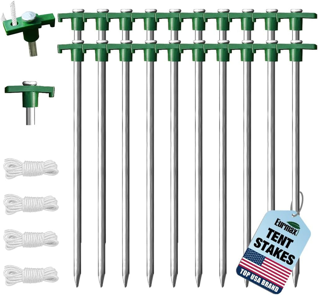 Eurmax USA Galvanized Non-Rust Camping Family Tent Pop Up Tent Stakes Ice Tools Heavy Duty 20pc-Pack, with 4x10ft Ropes & 1 Green Stopper
