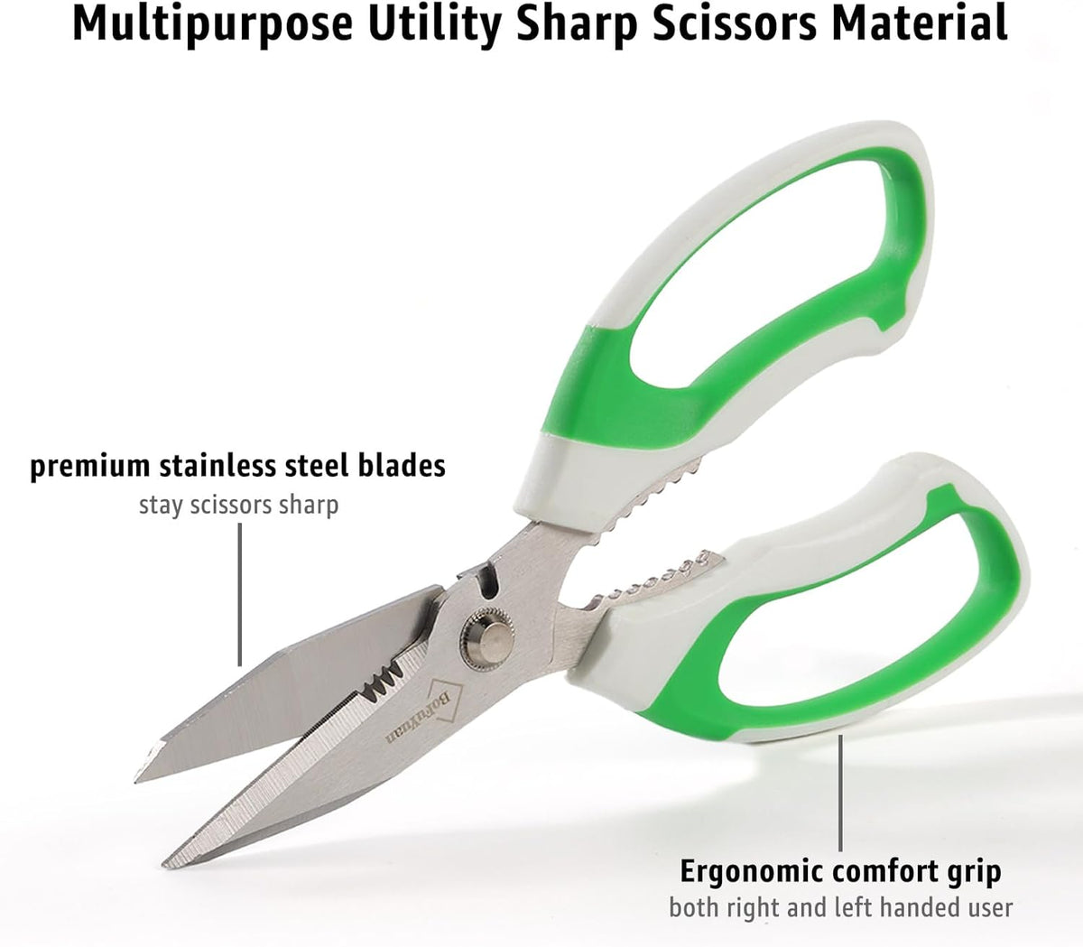 8-Inch Heavy Duty Utility Scissors All Purpose, Serrated Blade, Green Comfort Grip for Cutting Carpet, Cardboard, Leather, Fabric, Multipurpose Sharp Shears for Kitchen, Garden, Office, Carft