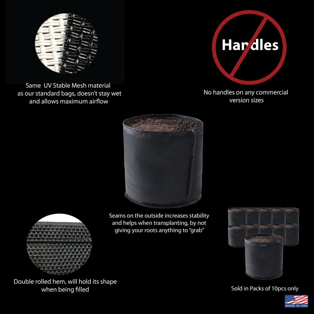 Commercial Grow Bag Pack of 10, Air Pruning Mesh Fabric Plant Containers (2 Gallon, Black)