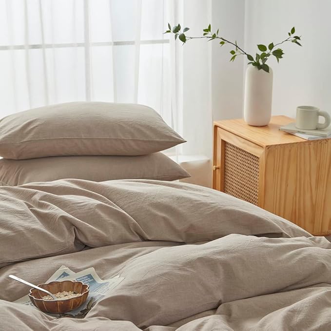 FACE TWO FACE Bedding Duvet Cover Set100% Washed Cotton Duvet Cover Linen Like Textured Breathable Durable Soft Comfy (Queen, Khaki)