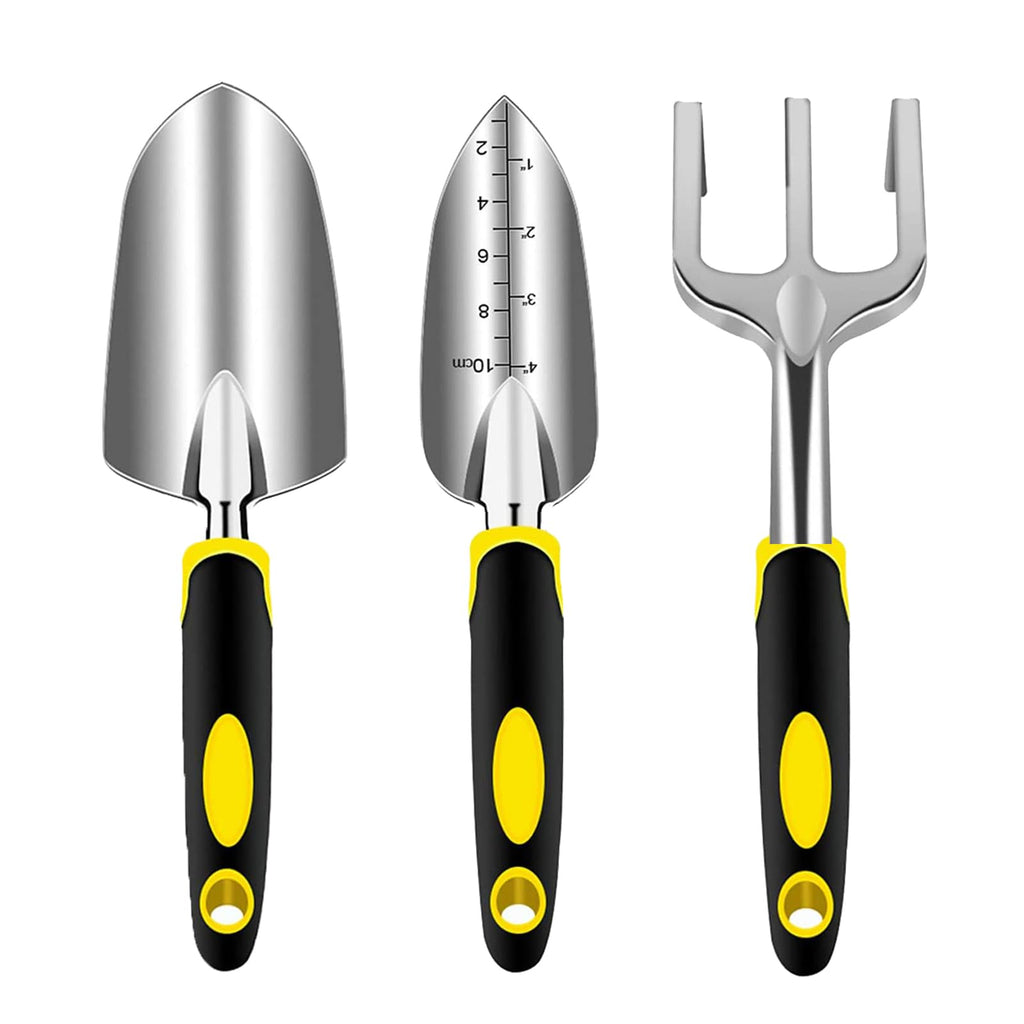 Garden Tool Set, 3 Piece Gardening Tools Includes Garden Trowel, Transplant Trowel and Hand Rake with Non-Slip Ergonomic Handle, Heavy Duty Garden Kit for Planting, Garden Gifts, Yellow
