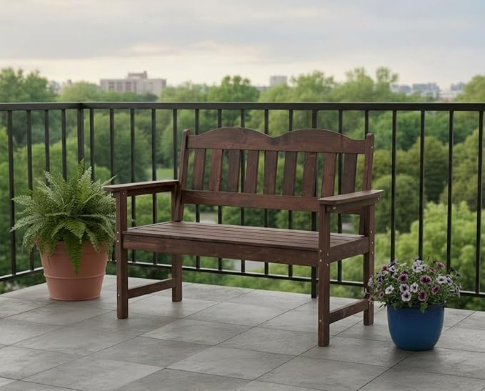GarveeLife 2-Person Poly Lumber Garden Bench, Slatted Patio Loveseat, Weather-Resistant Outdoor Seating for Yard, Garden, Porch, Park or Backyard, Brown