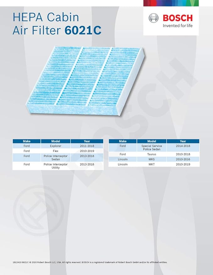 BOSCH 6021C HEPA Cabin Air Filter - Compatible with Select Ford Explorer, Flex, Police Interceptor Sedan/Utility, Special Service Police Sedan, Taurus; Lincoln MKS, MKT