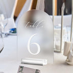 JINMURY Frosted Arch Table Numbers for Wedding, 5x7 Inch Acrylic Table Numbers 1-25 with Stands, Frosted Acrylic Arch Tabletop Sign with Holder for Centerpiece, Reception, Wedding, Party, Event