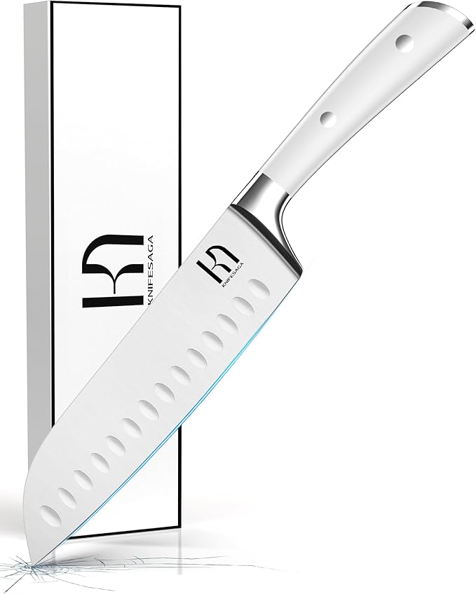 Santoku Knife 7 Inch, Japanese Professional Chef knife High Carbon Stainless Steel, Razor Sharp Chefs Kitchen Knife, Vegetable Chopping Knife for Cooking With Full-tang Handle, White
