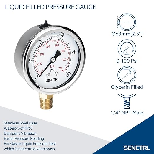 SENCTRL 0-100 Psi Glycerin Liquid Filled Low Pressure Gauge, 2.5" Dial Size, 1/4" NPT Lower Mount, Stainless Steel Case, for Water Pump, Pneumatic Air, Well, RV Hose, Tank, Gas Pressure Test