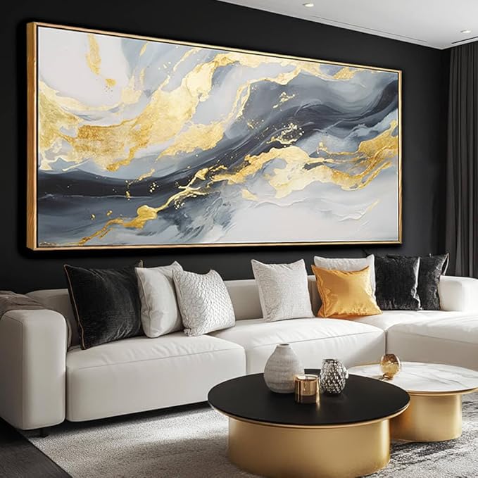 SDYA Large Abstract Canvas Wall Art Gold Decoration Blue Painting for Living Room Bedroom Kitchen Home Office 29x58 Inch