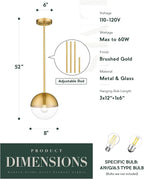 LMS Mid Century Pendant Light Fixtures, Brushed Gold Farmhouse Pendant Light with Clear Globe Glass Shade, Adjustable Hanging Rod Ceiling Light for Dining Room Bathroom Kitchen Island, LMS-186BGC