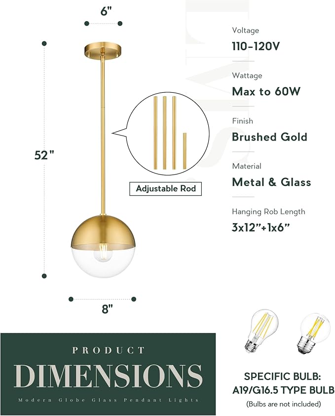 LMS Mid Century Pendant Light Fixtures, Brushed Gold Farmhouse Pendant Light with Clear Globe Glass Shade, Adjustable Hanging Rod Ceiling Light for Dining Room Bathroom Kitchen Island, LMS-186BGC