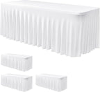 Nasitos White Table Skirt for 8 Foot Rectangle Tables, 4 Pack - 96 x 30 Inch - Stretch Spandex Fitted Table Clothes, Fabric Table Covers Cocktail Tablecloths for Party, Banquet, Birthday