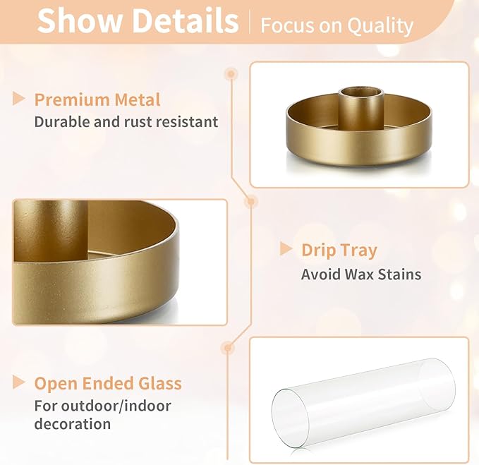 NUPTIO Hurricane Glass Candle Holders: 6 Pcs Gold Metal Taper Candlesticks Holder with 11.81 inch Long Clear Bottomless Cylinder Cover Stands for Wedding Anniversary Bridal Shower Table Centerpiece
