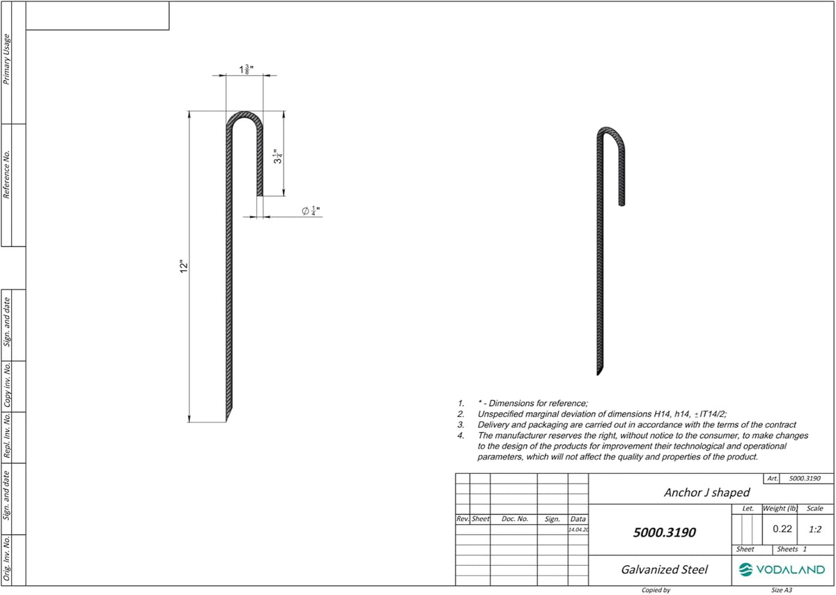 Vodaland Rebar Stakes J Hook Extra Heavy Duty 1/4 inch Coated Steel Ground Anchors with Chisel Point End (50)
