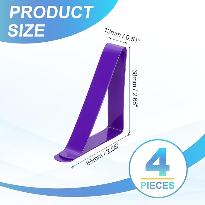 uxcell 4 Pack Tablecloth Clips, Stainless Steel Table Cloth Cover Clamps, 2.56" x 2.68" Windproof Holder Clips for Home Party Picnic Wedding Camping Dining Tables, Purple