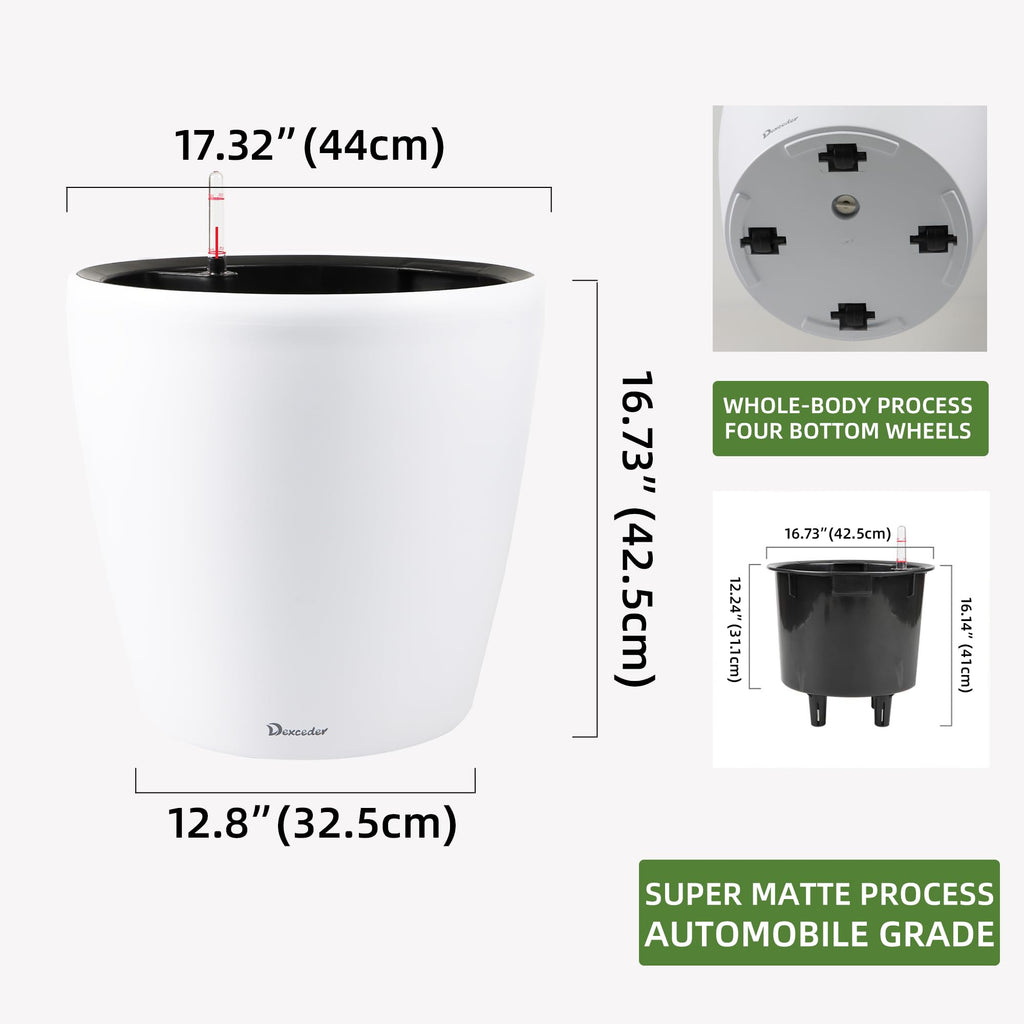 Dexceder 18x17 Self Watering Planter with Wheels (White Matte)
