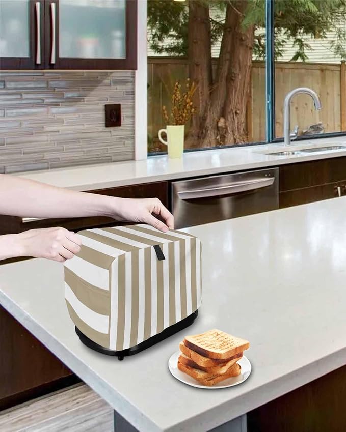 Toaster Cover 4 Slice Khaki Stripes Toaster Oven Cover with Pockets Browm Vertical Striped Dustproof Bakeware Protector Small Kitchen Appliance Dust Covers and Fingerprint Protection for Women