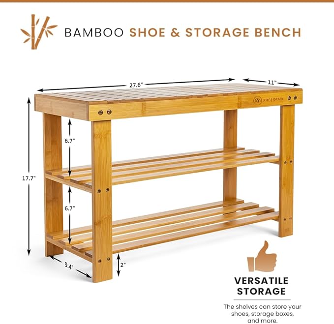 Leaf & Grain Bamboo Shoe Rack - Shoe Storage Bench for Front Door Entrance - Entryway Bench with Shoe Shelf, Shoe Storage Organizer, Wooden Shoe Rack, Durable Shoe Bench for Home (Brown)
