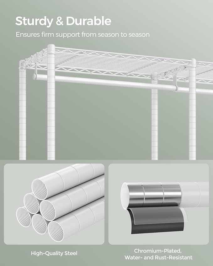 SONGMICS Portable Wardrobe Closet Heavy Duty Clothes Rack, Freestanding Closet Organizer, Metal Garment Rack with Adjustable Wire Shelves, Hanging Rods, Hooks, Dividable, Cloud White ULGR431W01