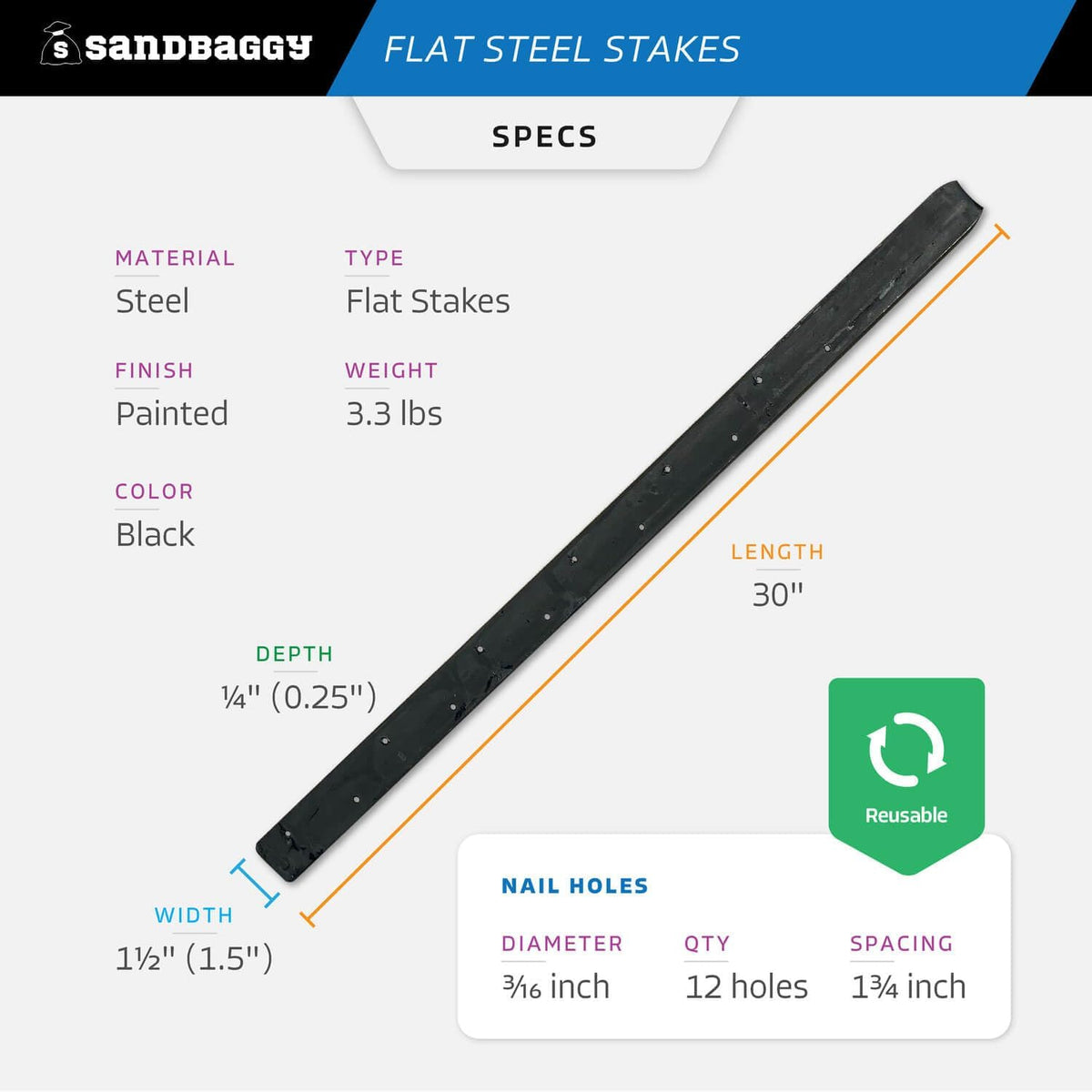 Sandbaggy Flat Steel Stakes for Concrete Forms with Nail Holes - 1.5" Wide - Painted - Removable, Reusable, V Point End - Construction Grade Stakes (30, 30 inch)