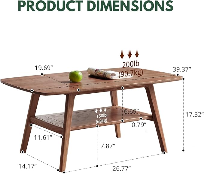 2-Tier Solid Oak Wood Coffee Table - Practical Center Table with Double Storage for Small Apartments, Living Rooms, Bedrooms, and Offices (Walnut, 39.37" D x 19.69" W x 17.32" H)