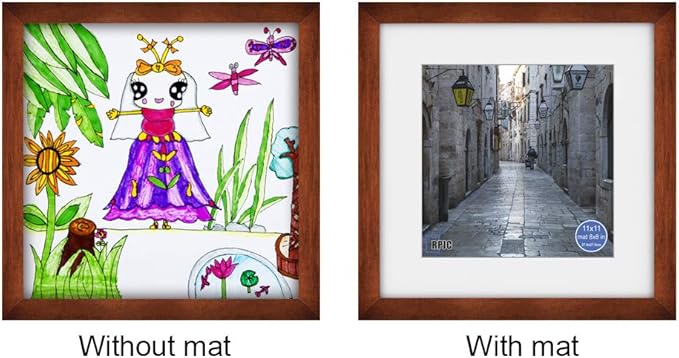 RPJC 11x11 inch Picture Frame Made of Solid Wood and High Definition Glass Display Pictures 8x8 with Mat or 11x11 Without Mat for Wall Mounting Photo Frame Brown