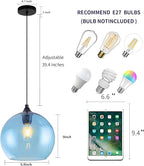 Blue Pendant Lights Kitchen Island Lighting Modern Globe Hand Blown Glass Pendant Light Ceiling Hanging Light fixtures for Kitchen Island Living Dining Room Light Fixture，9.8in 2Pack