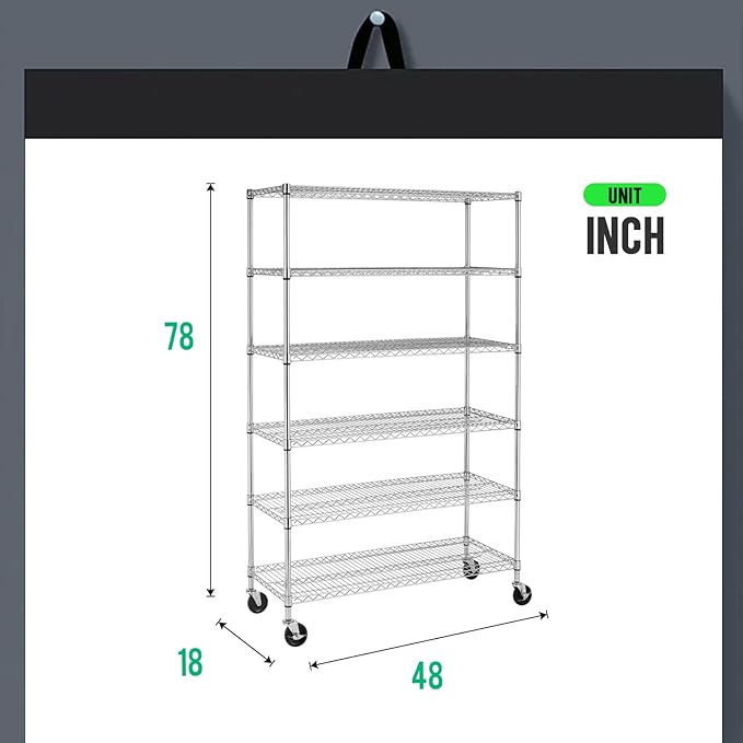 PayLessHere Commercial Grade 6 Tier Adjustable Storage Shelf Heavy Duty Metal Shelf NSF Certified Wire Shelving Unit with Wheels 6000LBS Capacity 18" D x 48" W x 72" H,Chrome