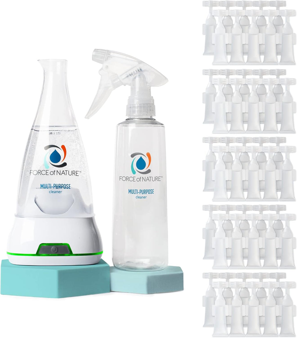 Force of Nature Multi-Purpose Cleaner, Disinfectant & Deodorizer Year Supply Bundle - Reusable Bottle, 50 Refills - EPA Registered, Toxin-Free, All-Purpose Natural Cleaning Supplies
