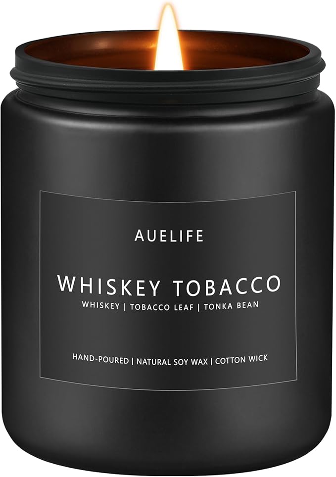 Whiskey Tobacco Candle | Masculine Candles for Men, Soy Candles for Home Scented, Manly Gifts Tobacco Candle for Home - Gifts for Men, 7oz Black Jar