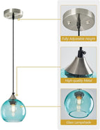 Light Blue Glass Pendant Lights Kitchen Island Globe Pendant Light Fixtures Modern Pendant Lighting for Bedroom Living Dining Room Light Fixture (5.9 in, 2 Pack)