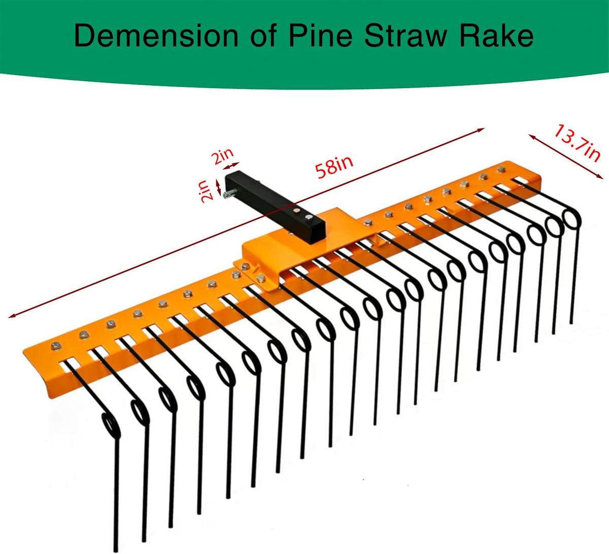48" Durable Pine Straw Rake Steel Spring Landscape Rake Fits 2" Receiver for Lawn Tractors or ATV/UTV，Orange
