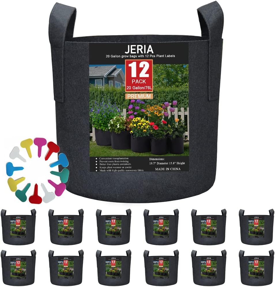JERIA 12-Pack 20 Gallon, Vegetable/Flower/Plant Grow Bags, Aeration Fabric Pots with Handles (Black), Come with 12 Pcs Plant Labels