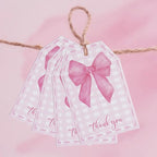 100Pcs Pink Bow Gift Tags with String Pink Buffalo Plaid Large Gift Tags with 65Ft White String Cute Thank You White Paper Tag for Coquette Birthday Baby Shower Wedding Gift Wrap Tag