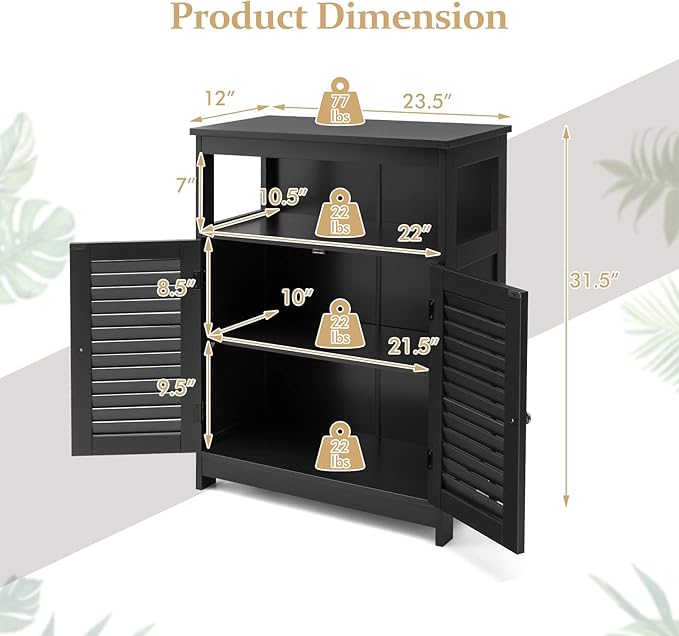 COSTWAY Bathroom Storage Cabinet, Wooden Side Storage Organizer with Louver Doors & Removable Shelf, Freestanding Floor Cabinet for Living Room, Kitchen, Entryway (Black)