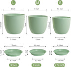 Flower Pots 9/8/7.5 inch, Plant Pots for Indoor Outdoor Plants, Set of 3 Modern Decorative Plastic Planters with Drainage Holes and Saucers for Garden Porch House Plants, Green