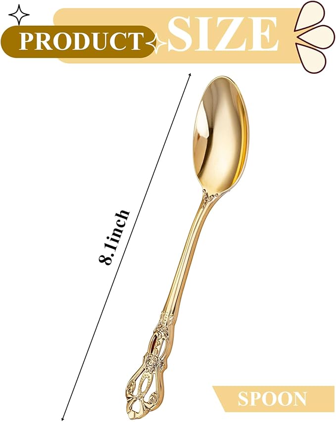 30PCS Gold Plastic Spoons - Gold Soup Spoons Disposable - 8.1 Inch Heavy Duty Plastic Silverware - Heavyweight Elegant Disposable Utensils for Catering, Parties, Dinners, Weddings
