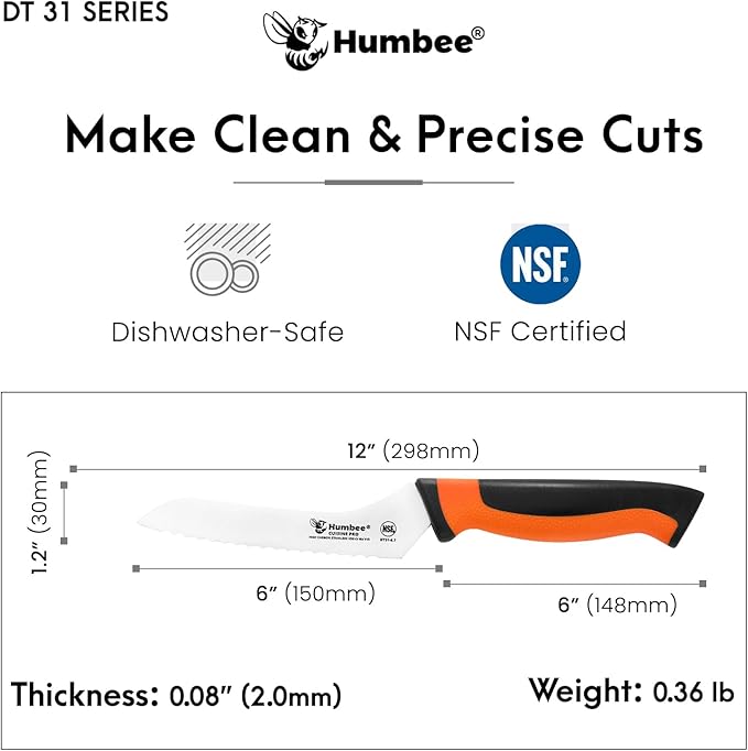 6-Inch Offset Serrated Bread Knife, Premium High Carbon Stainless Steel Blade Knife for Bread with Ergonomic Handle, NSF Certified, DT-31 Series, Orange