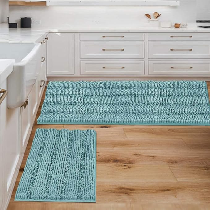 H.VERSAILTEX Bathroom Rugs Bath Mats Sets Super Absorbent Chenille Striped Bath Mats Non Skid Machine Wash Dry Rugs for Bathroom Floor Set of 2(Aqua Haze, 47 x 17 Plus 17 x 24 - Inches)