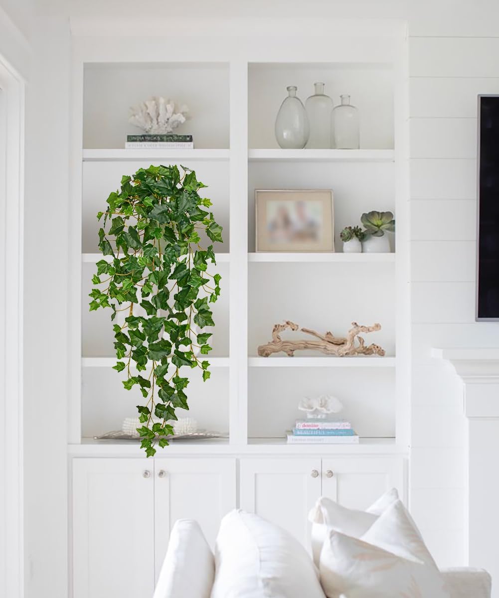 Hollyone Artificial Hanging Plants Potted 31.4" Fake Ivy Vine Faux Ivy Leaves Hanging Greenery Plant in White Pot for Home Indoor Wall House Room Patio Shelf Office Decor