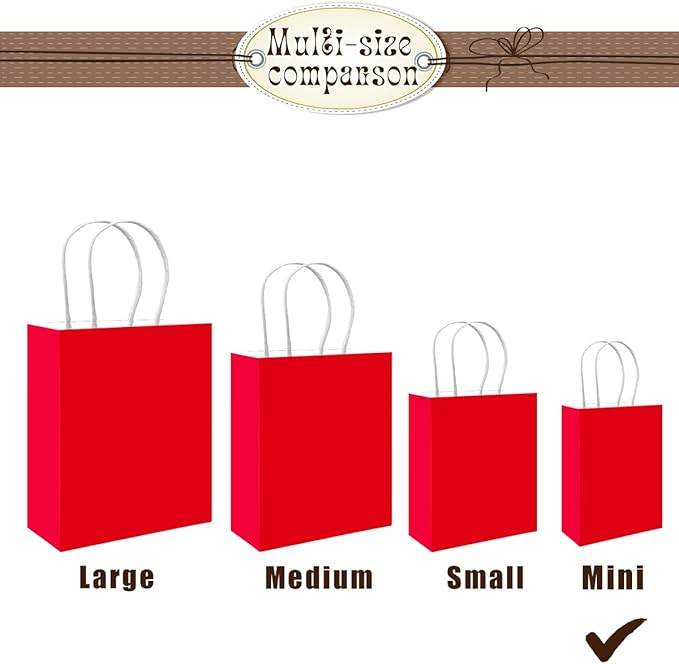 Bakepacker 100 Pcs Red Mini Paper Gift Bags with Handles 6"x4.5"x2.5" Party Favor Bags Multiple Uses (Mini size)