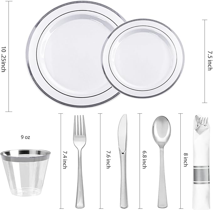 BESTVIP 700PCS Silver Plastic Dinnerware Set for 100 Guests, Disposable Plates for Party, Include: 200 Plastic Plates, 100 Pre Rolled Napkins with Silver Silverware, 100 Cups for Christmas, Halloween