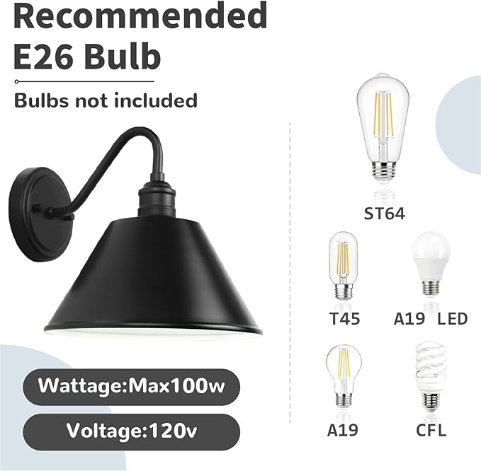 10 Inch Gooseneck Outdoor Light Fixtures, Outdoor Wall Sconces, Farmhouse Barn Light, Matte Black Wall Light Fixture, Waterproof & Anti-Rust, for Porch, Garage, Patio, Garden, 2-Pack