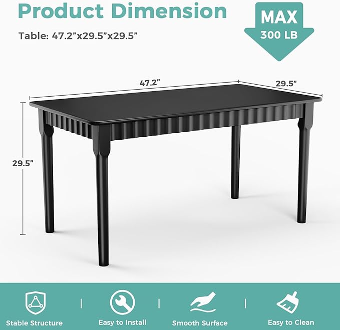 47.2 Inch Solid Wood Dining Table for 4, Mid Century Modern Oak Kitchen Table, Farmhouse Rectangular Dining Room Table for Indoor or Outdoor Use, Easy Assembly, Black