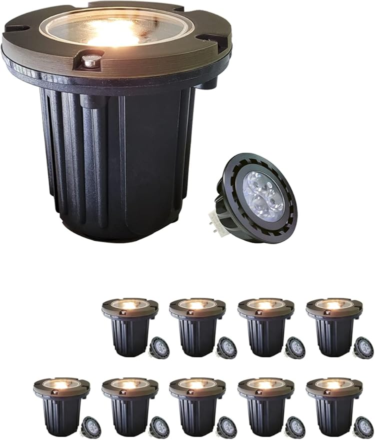 MALORY Brass Top Cover Landscape Well Lights, (4.6''H) 12V Low Voltage Outdoor In Ground Lights,Landscape Lighting for Pathway, Driveway and Garden 10-Pack with Bulb (Flat Top)