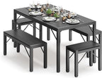 Gizoon 63" Dining Room Table Set for 6, Kitchen Table with 2 Benches and 2 Stools, Dining Table Set with Metal Frame, Space-Saving Kitchen Table Set for Apartment, Black